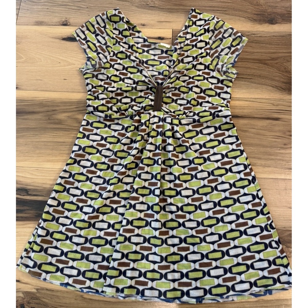 Y2K Geometric Print Mesh Tunic Top Empire Waist Green Brown Cap Sleeve S